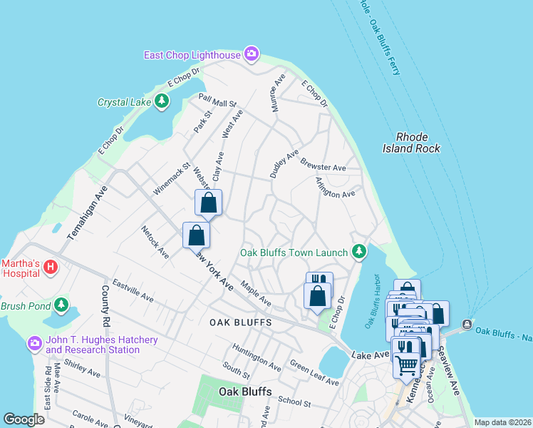 map of restaurants, bars, coffee shops, grocery stores, and more near 21 Mountain Avenue in Oak Bluffs