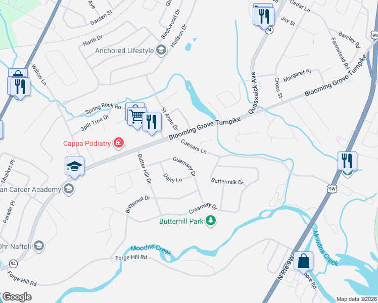 map of restaurants, bars, coffee shops, grocery stores, and more near 26 Guernsey Drive in New Windsor