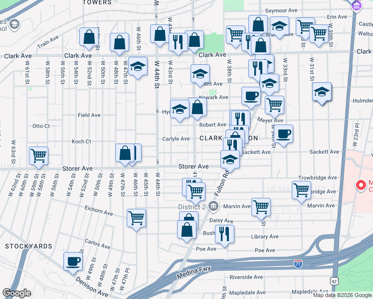 map of restaurants, bars, coffee shops, grocery stores, and more near 4116 Sackett Avenue in Cleveland