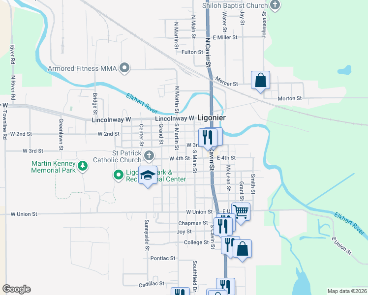 map of restaurants, bars, coffee shops, grocery stores, and more near 306 Park St in Ligonier