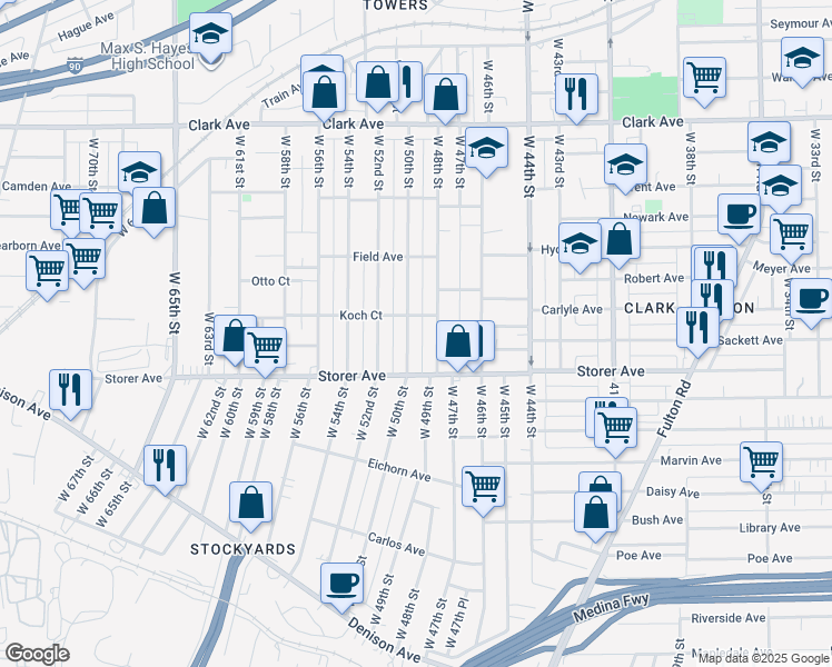 map of restaurants, bars, coffee shops, grocery stores, and more near 3340 West 50th Street in Cleveland