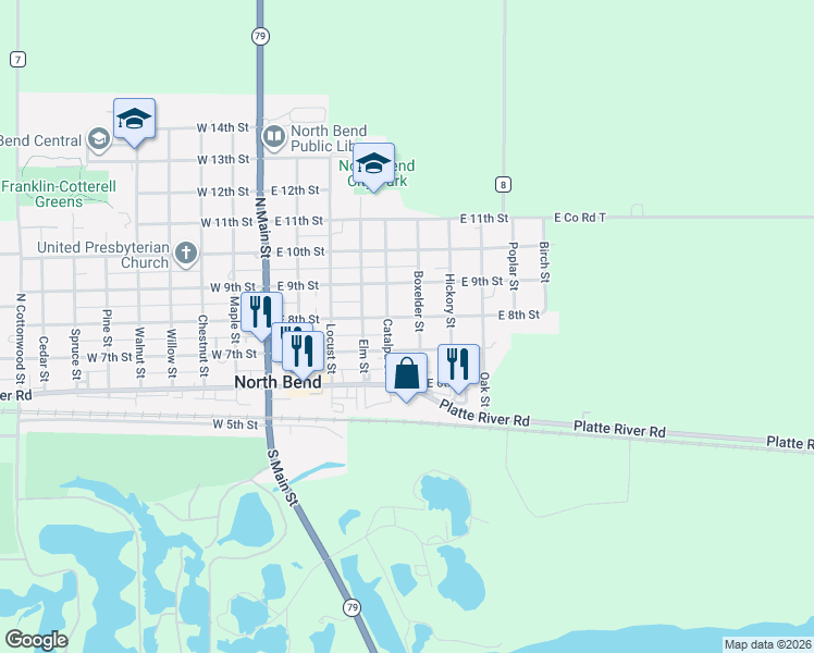 map of restaurants, bars, coffee shops, grocery stores, and more near 610 East 7th Street in North Bend