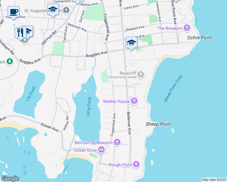 map of restaurants, bars, coffee shops, grocery stores, and more near 143 Coggeshall Avenue in Newport