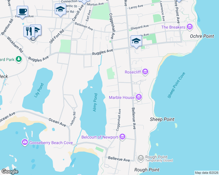 map of restaurants, bars, coffee shops, grocery stores, and more near 8 Almy Court in Newport