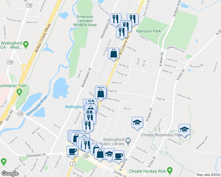 map of restaurants, bars, coffee shops, grocery stores, and more near 27 High Street in Wallingford