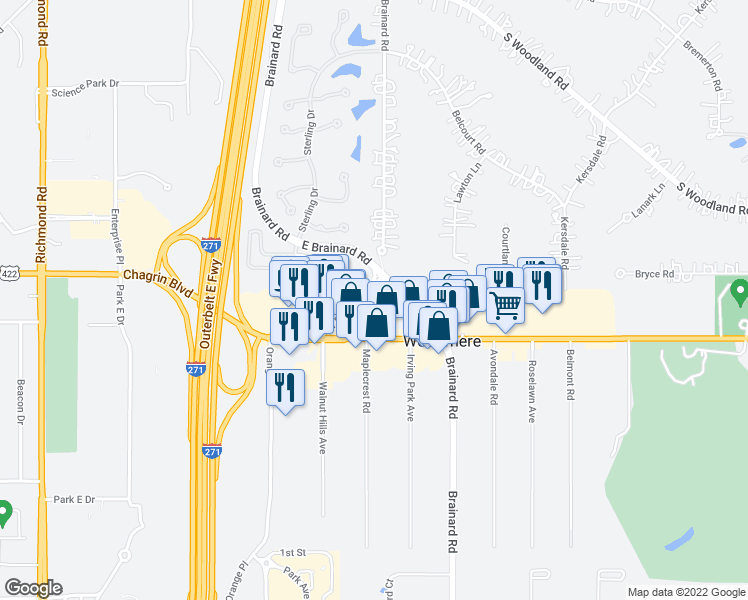 map of restaurants, bars, coffee shops, grocery stores, and more near 27629 Chagrin Boulevard in Beachwood