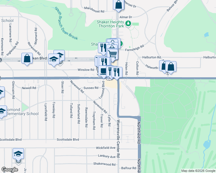 map of restaurants, bars, coffee shops, grocery stores, and more near 3555 Lytle Road in Shaker Heights