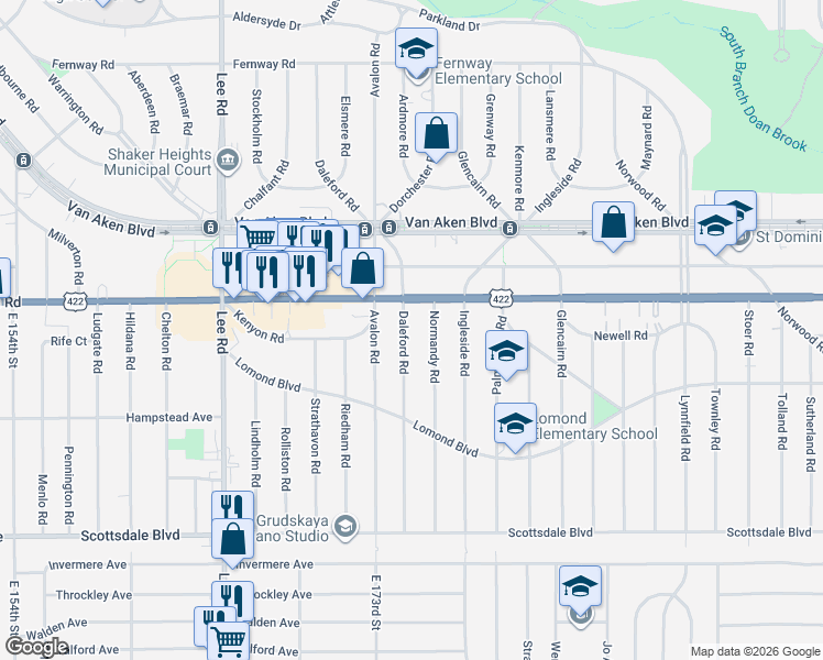 map of restaurants, bars, coffee shops, grocery stores, and more near 3550 Daleford Road in Shaker Heights