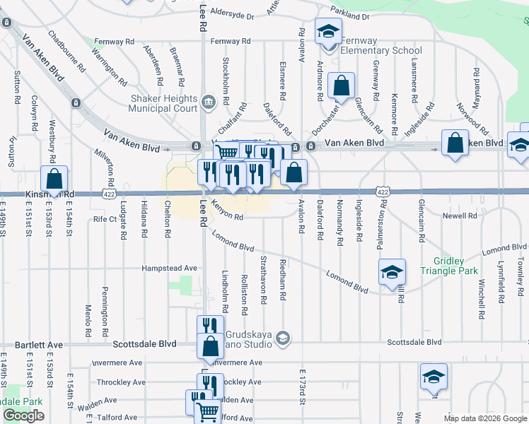map of restaurants, bars, coffee shops, grocery stores, and more near 17010 Kenyon Road in Shaker Heights