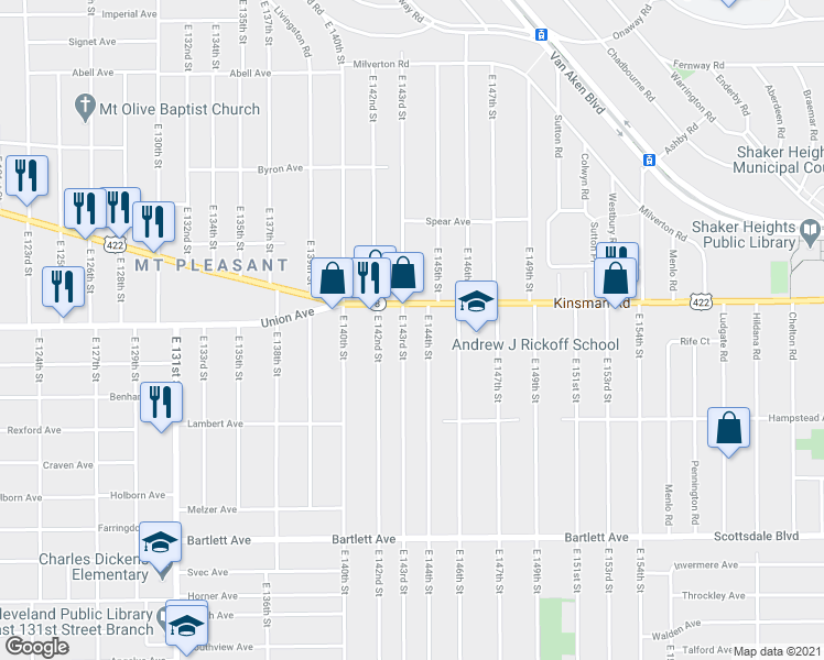 map of restaurants, bars, coffee shops, grocery stores, and more near 3545 East 143rd Street in Cleveland