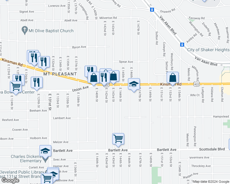 map of restaurants, bars, coffee shops, grocery stores, and more near 3545 East 143rd Street in Cleveland