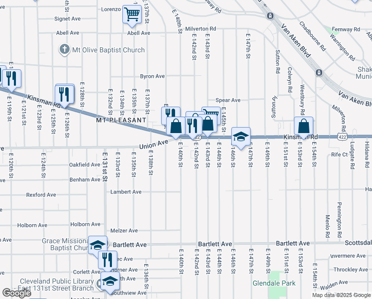 map of restaurants, bars, coffee shops, grocery stores, and more near 3550 East 142nd Street in Cleveland
