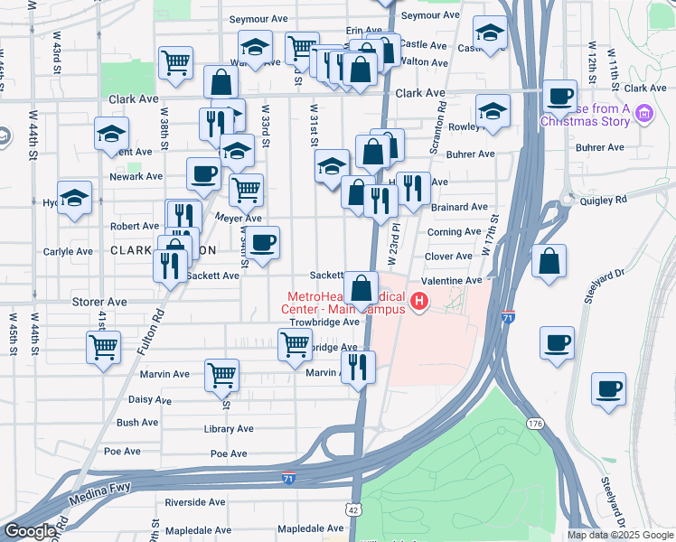 map of restaurants, bars, coffee shops, grocery stores, and more near 3352 West 30th Street in Cleveland
