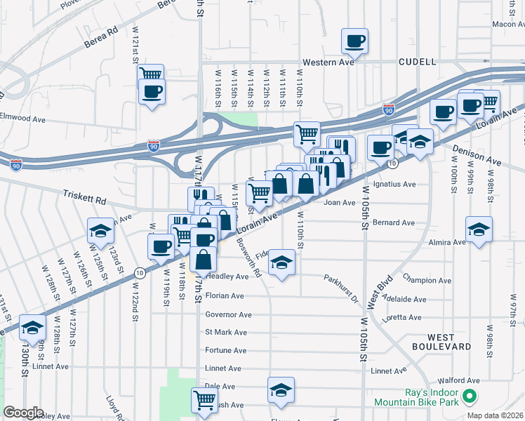 map of restaurants, bars, coffee shops, grocery stores, and more near 11214 Lorain Avenue in Cleveland