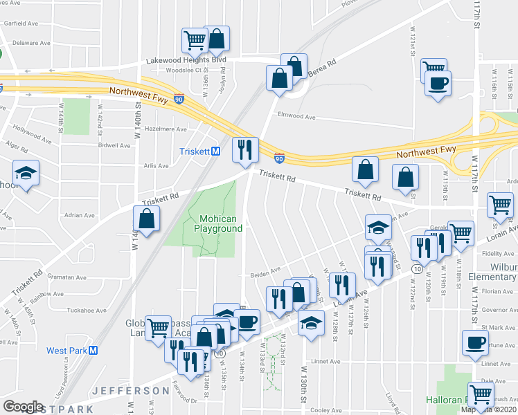 map of restaurants, bars, coffee shops, grocery stores, and more near 3277 Berea Road in Cleveland