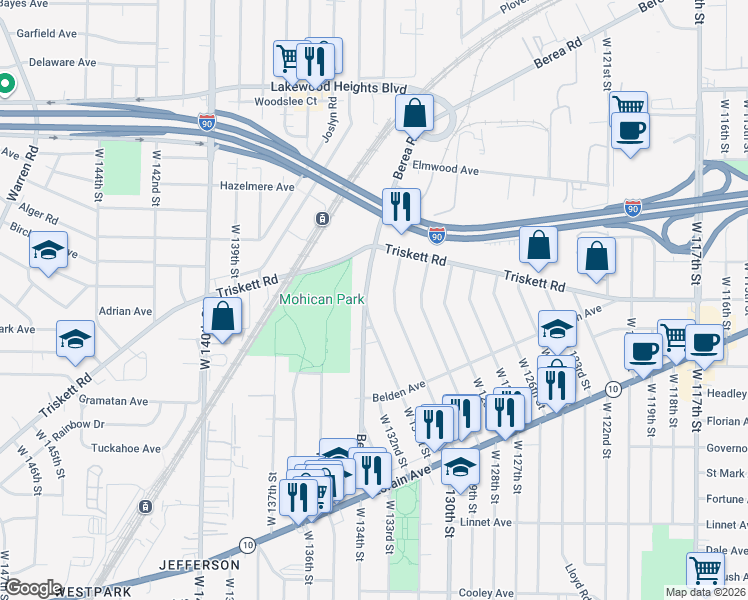 map of restaurants, bars, coffee shops, grocery stores, and more near 3277 Berea Road in Cleveland
