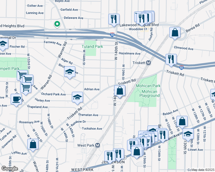 map of restaurants, bars, coffee shops, grocery stores, and more near 3318 West 140th Street in Cleveland