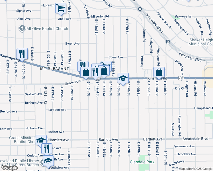 map of restaurants, bars, coffee shops, grocery stores, and more near 3545 East 143rd Street in Cleveland