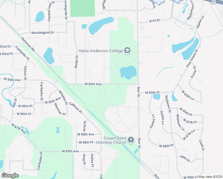 map of restaurants, bars, coffee shops, grocery stores, and more near 5803 West 85th Avenue in Crown Point