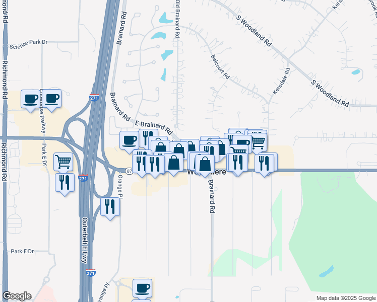 map of restaurants, bars, coffee shops, grocery stores, and more near 3434 East Brainard Road in Woodmere