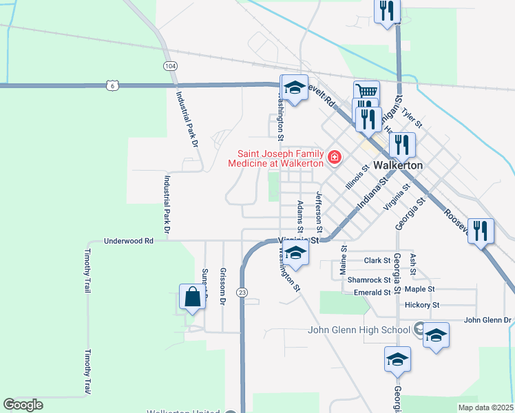 map of restaurants, bars, coffee shops, grocery stores, and more near 611 Lincoln Drive in Walkerton
