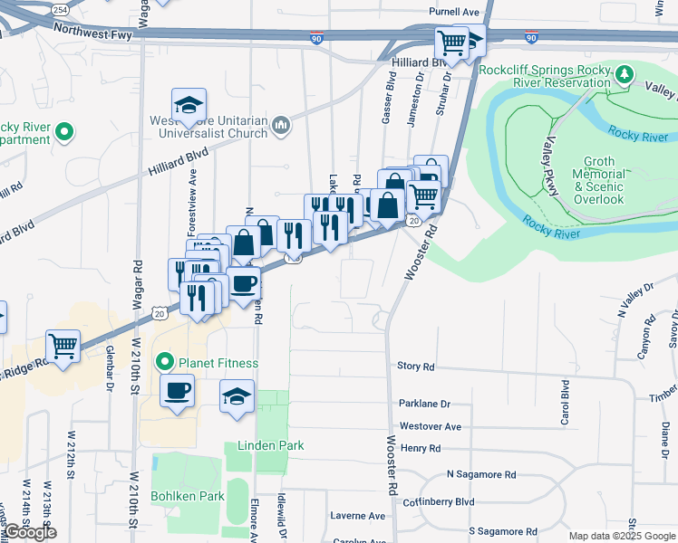 map of restaurants, bars, coffee shops, grocery stores, and more near 19875 Center Ridge Road in Rocky River