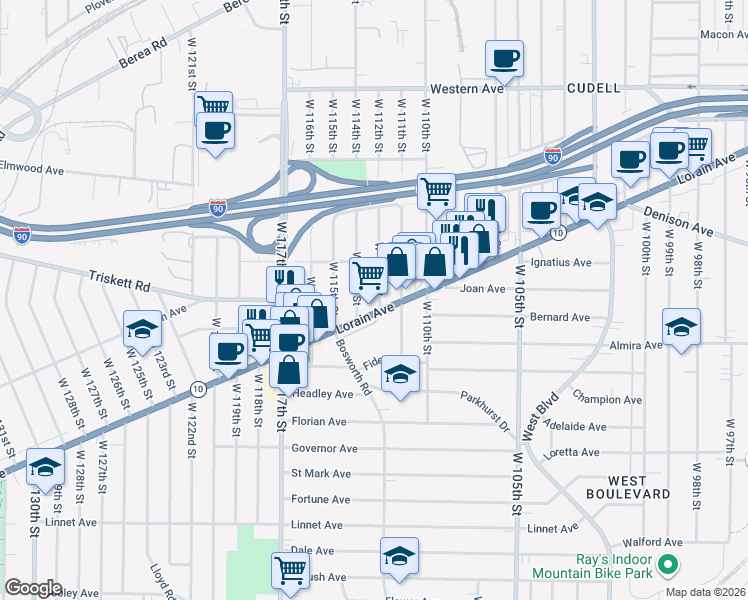 map of restaurants, bars, coffee shops, grocery stores, and more near 11214 Lorain Avenue in Cleveland