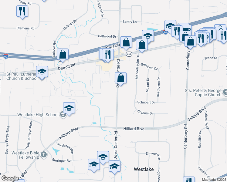 map of restaurants, bars, coffee shops, grocery stores, and more near 1700 Dover Center Road in Westlake