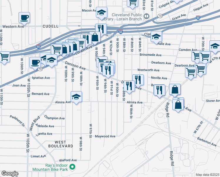 map of restaurants, bars, coffee shops, grocery stores, and more near 3336 West 91st Street in Cleveland