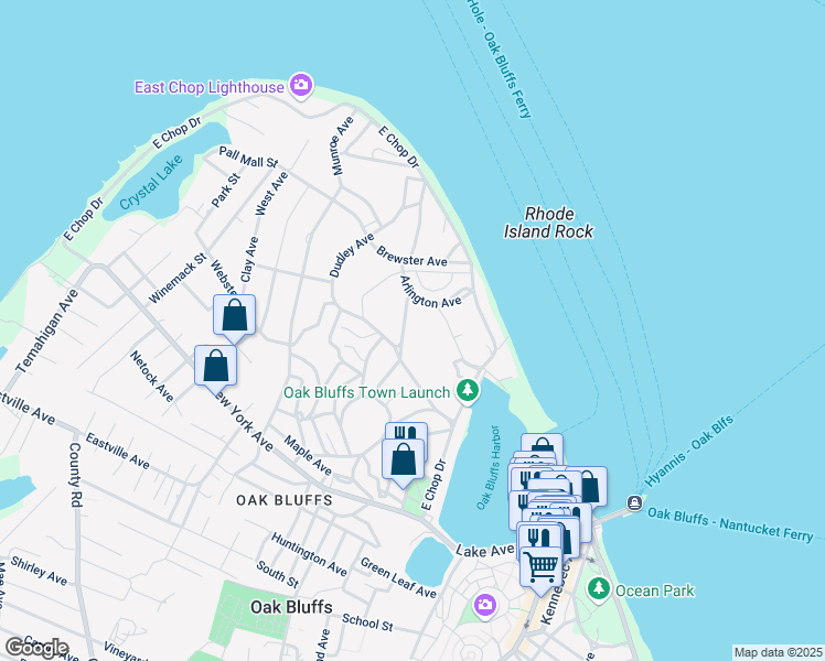 map of restaurants, bars, coffee shops, grocery stores, and more near 239 Massachusetts Avenue in Oak Bluffs