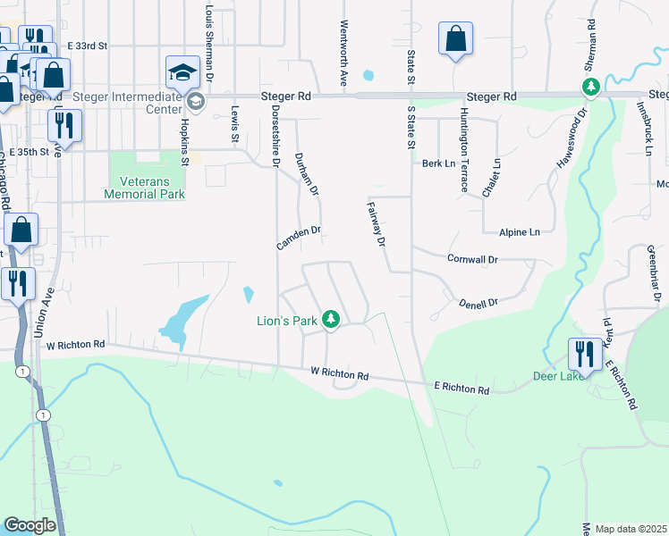 map of restaurants, bars, coffee shops, grocery stores, and more near 847 Yorkshire Terrace in Crete