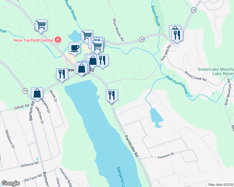 map of restaurants, bars, coffee shops, grocery stores, and more near 54 Connecticut 37 in New Fairfield
