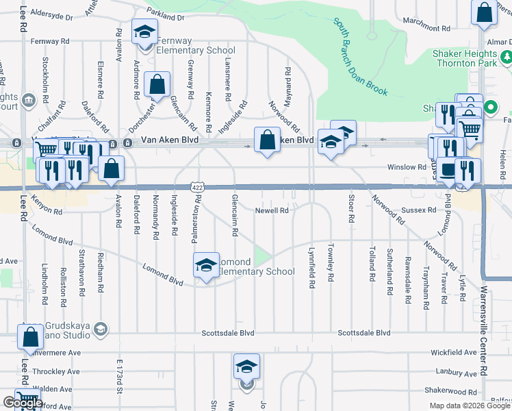 map of restaurants, bars, coffee shops, grocery stores, and more near 3555 Gridley Road in Shaker Heights