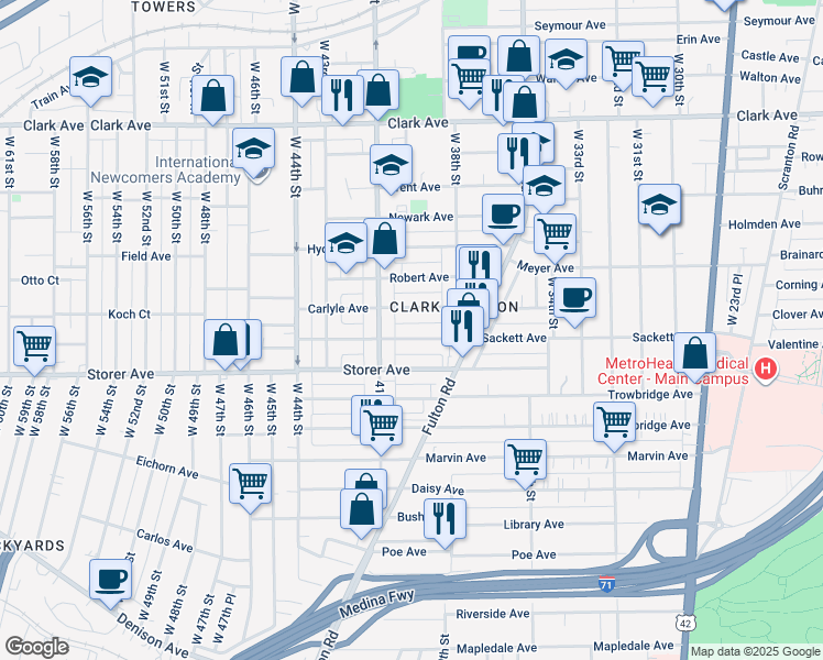 map of restaurants, bars, coffee shops, grocery stores, and more near 4013 Sackett Avenue in Cleveland
