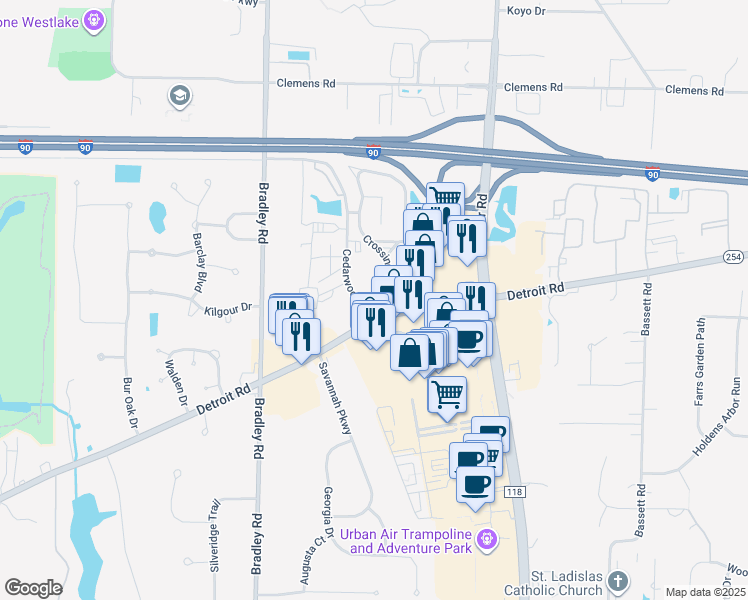 map of restaurants, bars, coffee shops, grocery stores, and more near 30239 Detroit Road in Westlake