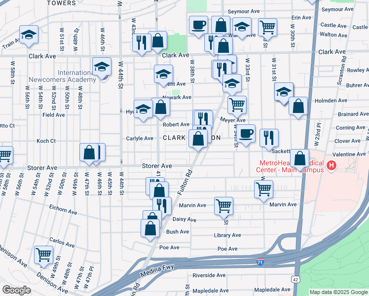 map of restaurants, bars, coffee shops, grocery stores, and more near 3841 Sackett Avenue in Cleveland