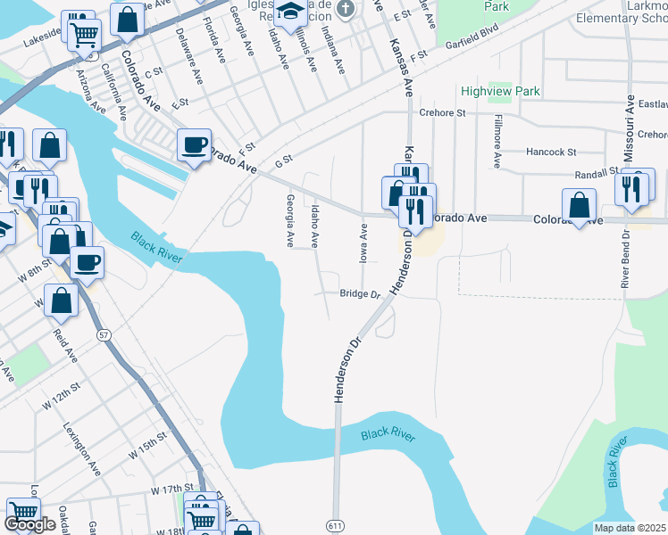 map of restaurants, bars, coffee shops, grocery stores, and more near in Lorain