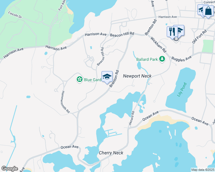 map of restaurants, bars, coffee shops, grocery stores, and more near 75 Brenton Road in Newport