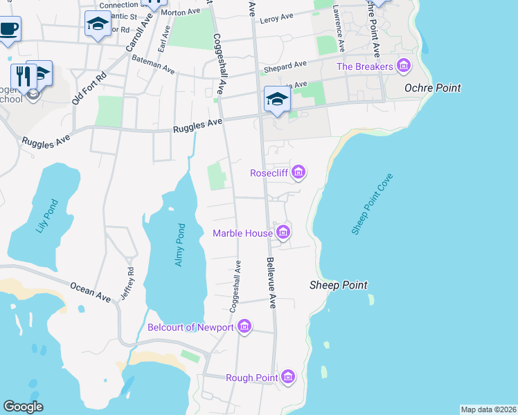 map of restaurants, bars, coffee shops, grocery stores, and more near 579 Bellevue Avenue in Newport