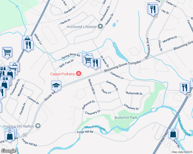 map of restaurants, bars, coffee shops, grocery stores, and more near 46 Guernsey Drive in New Windsor