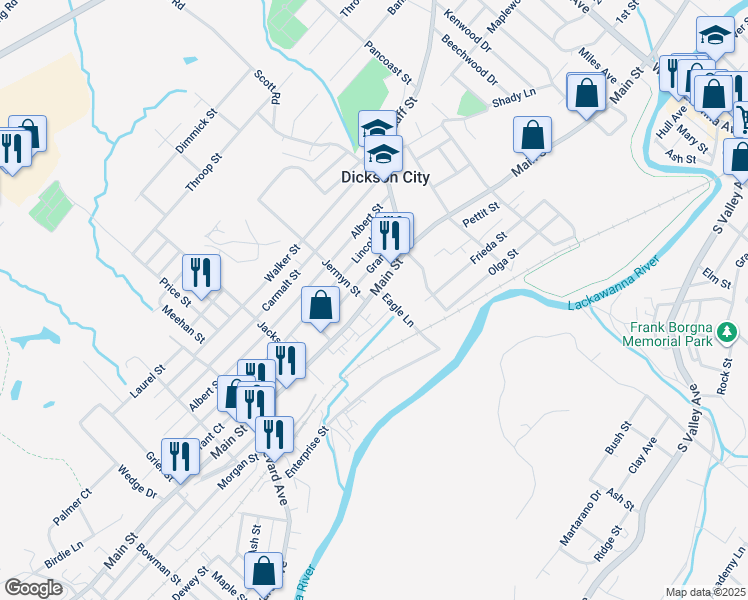 map of restaurants, bars, coffee shops, grocery stores, and more near 960 Main St in Dickson City