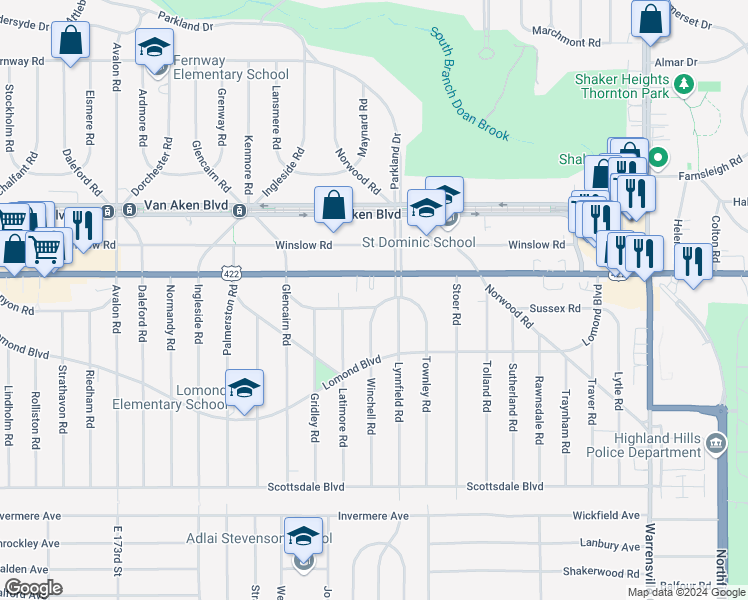 map of restaurants, bars, coffee shops, grocery stores, and more near 3554 Lynnfield Road in Shaker Heights