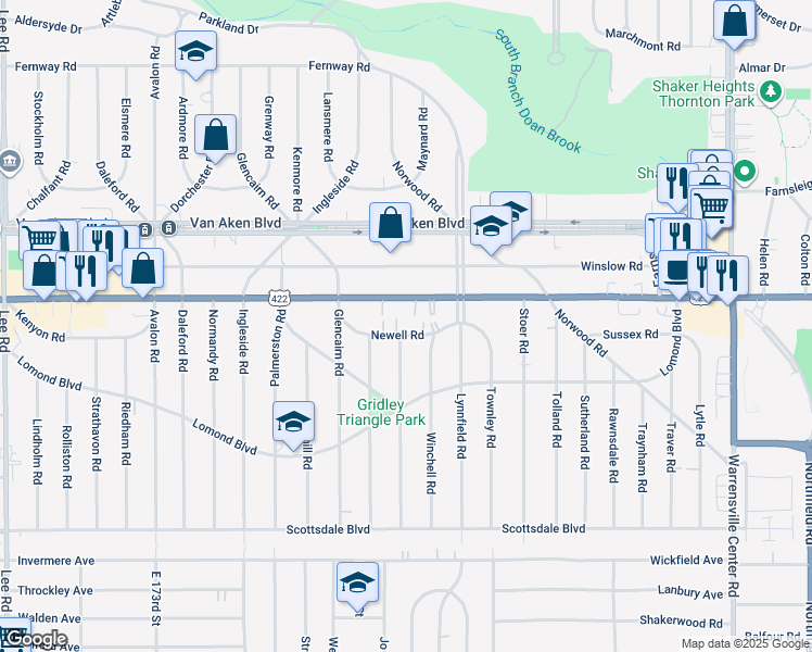 map of restaurants, bars, coffee shops, grocery stores, and more near 3553 Latimore Road in Shaker Heights