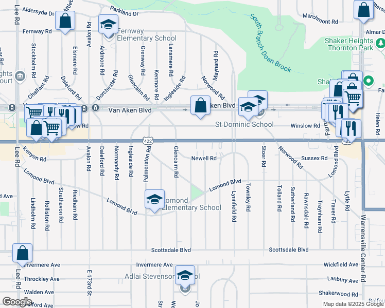 map of restaurants, bars, coffee shops, grocery stores, and more near 3555 Gridley Road in Shaker Heights