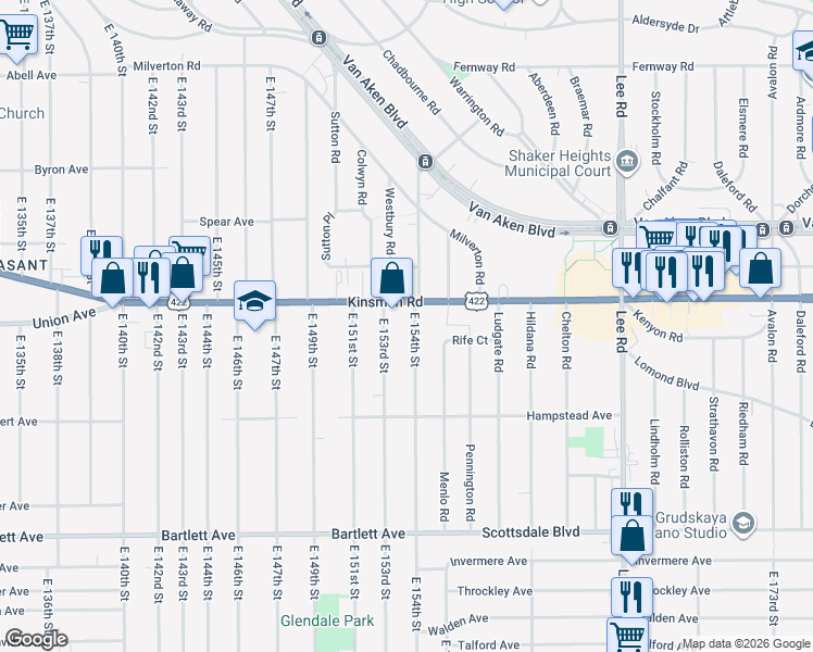 map of restaurants, bars, coffee shops, grocery stores, and more near 3551 East 154th Street in Cleveland