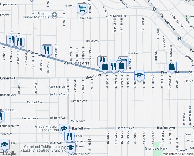 map of restaurants, bars, coffee shops, grocery stores, and more near 3538 East 139th Street in Cleveland
