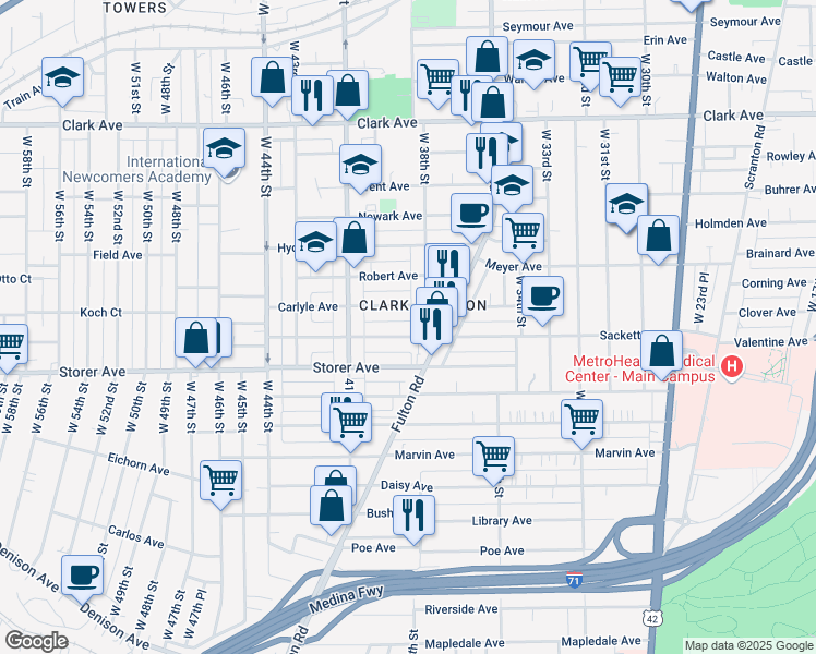 map of restaurants, bars, coffee shops, grocery stores, and more near 3841 Sackett Avenue in Cleveland