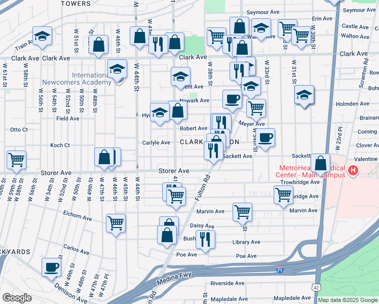 map of restaurants, bars, coffee shops, grocery stores, and more near 4013 Sackett Avenue in Cleveland