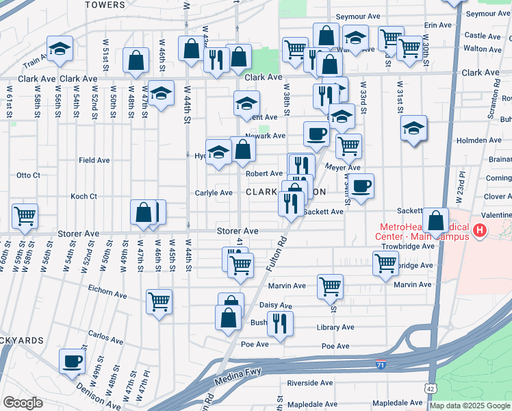 map of restaurants, bars, coffee shops, grocery stores, and more near 4013 Sackett Avenue in Cleveland