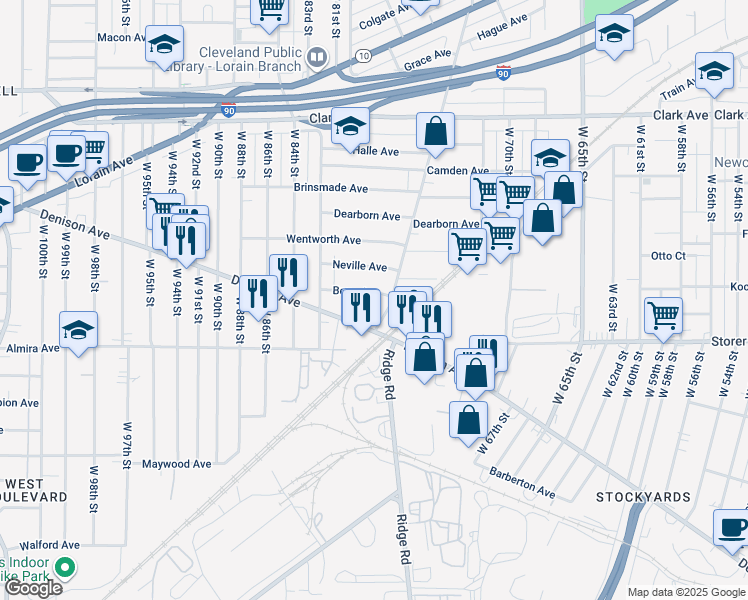 map of restaurants, bars, coffee shops, grocery stores, and more near 7500 Denison Avenue in Cleveland